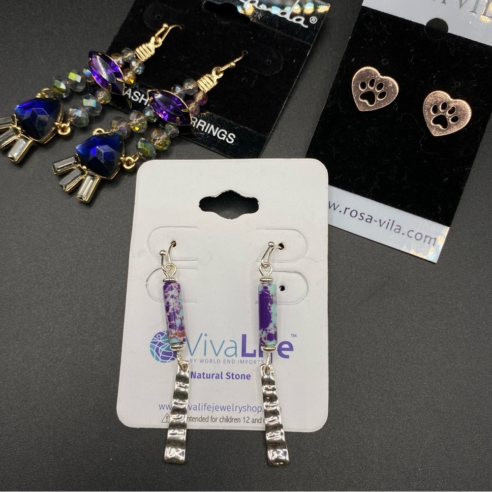 Pierced Earrings Lot Of 3 Prs. Post Dangles New On Cards Sparkle Pet Heart Boho